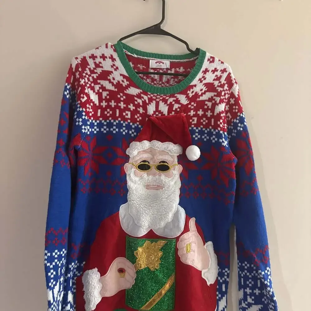 Ugly Christmas Sweater Santa with Shades & Gift Holiday Pullover S/M M-L S/M - Picture 2 of 5